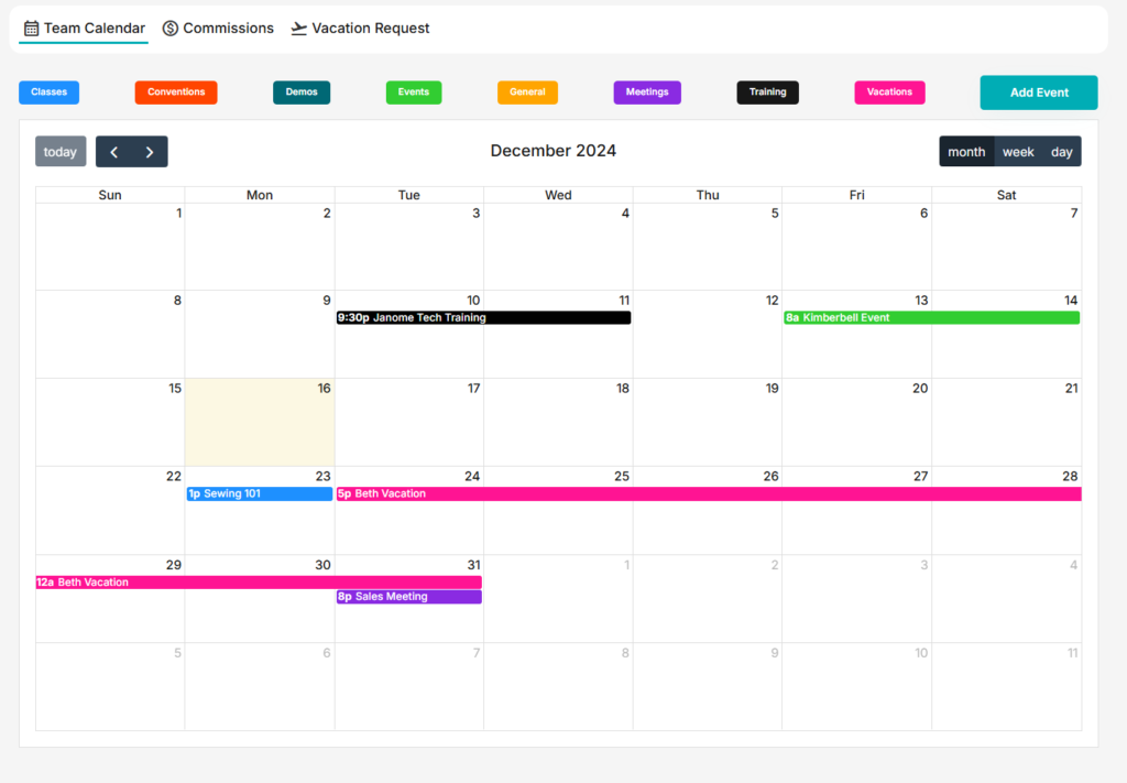 Team Calendar for SewManager- CRM